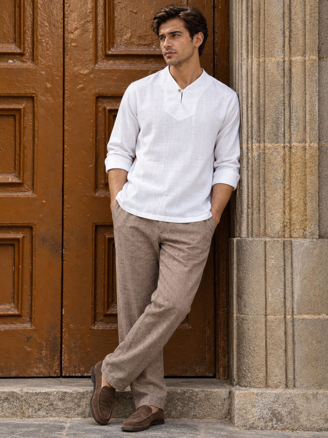 Plain Collar: White Linen Kurta