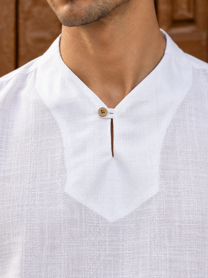 Plain Collar: White Linen Kurta
