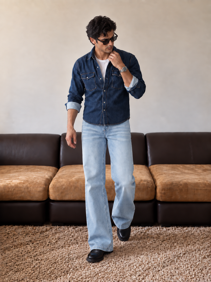 Ice Flare : Blue Baggy Bootcut Jeans