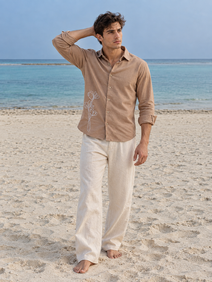 Rustic Flower Embroidery Brown Shirt