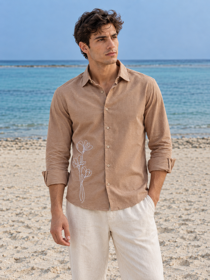 Rustic Flower Embroidery Brown Shirt