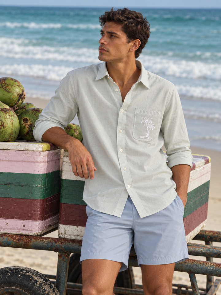 Pocket Embroidery : Coconut Tree Light Green Linen Shirt