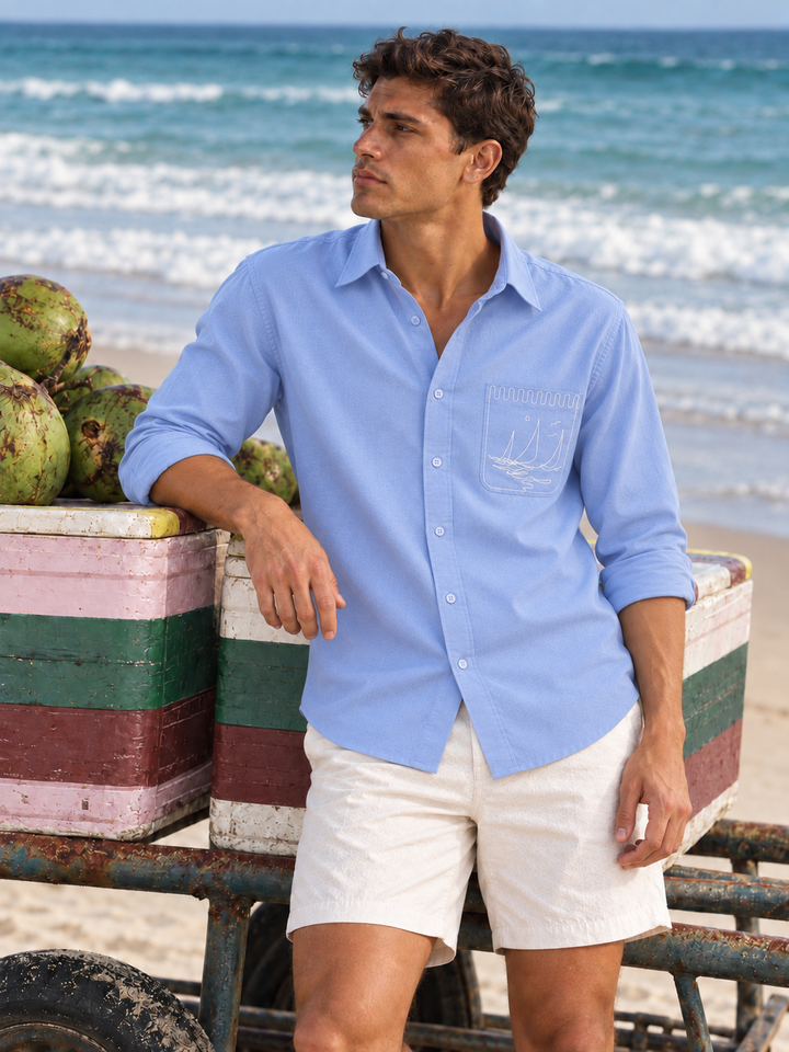 Pocket Yacht Embroidery : Linen Blue Shirt