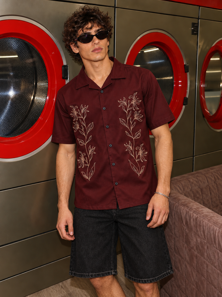 Crimson Floral Embroidery Cuban Shirt
