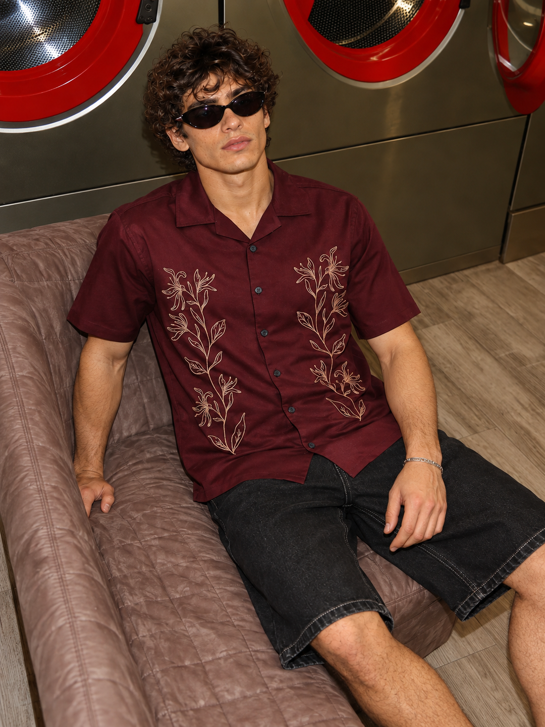 Crimson Floral Embroidery Cuban Shirt