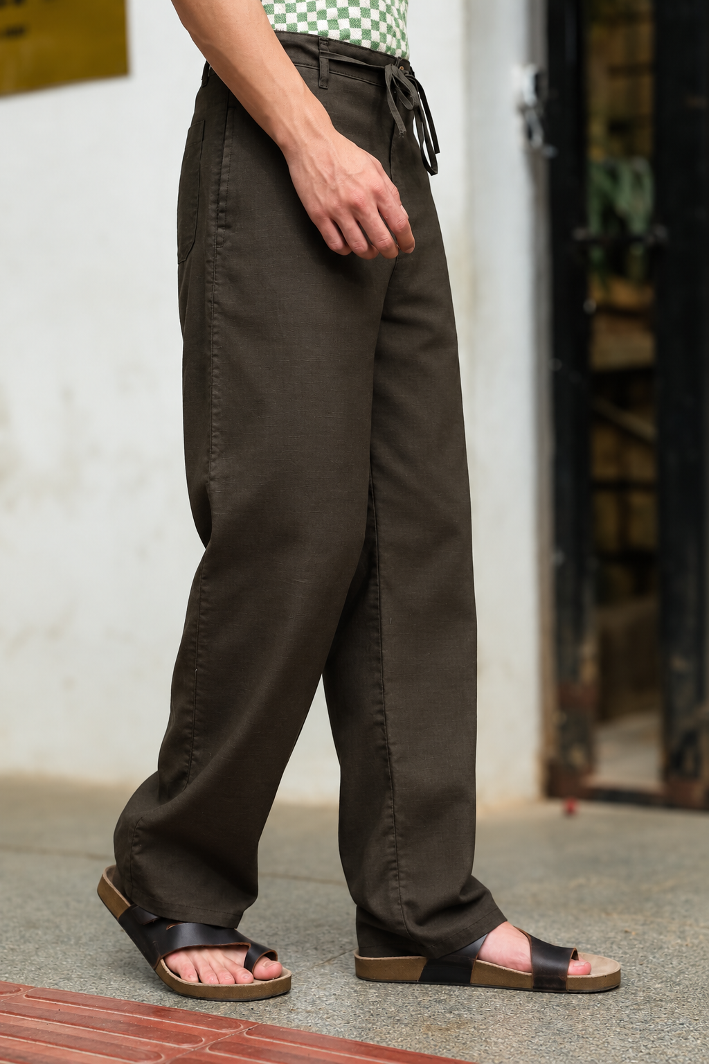 Linen : Dark Olive Relaxed Fit Trousers