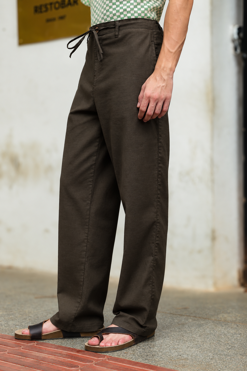 Linen : Dark Olive Relaxed Fit Trousers