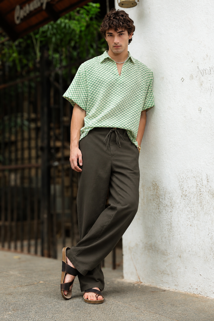 Linen : Dark Olive Relaxed Fit Trousers
