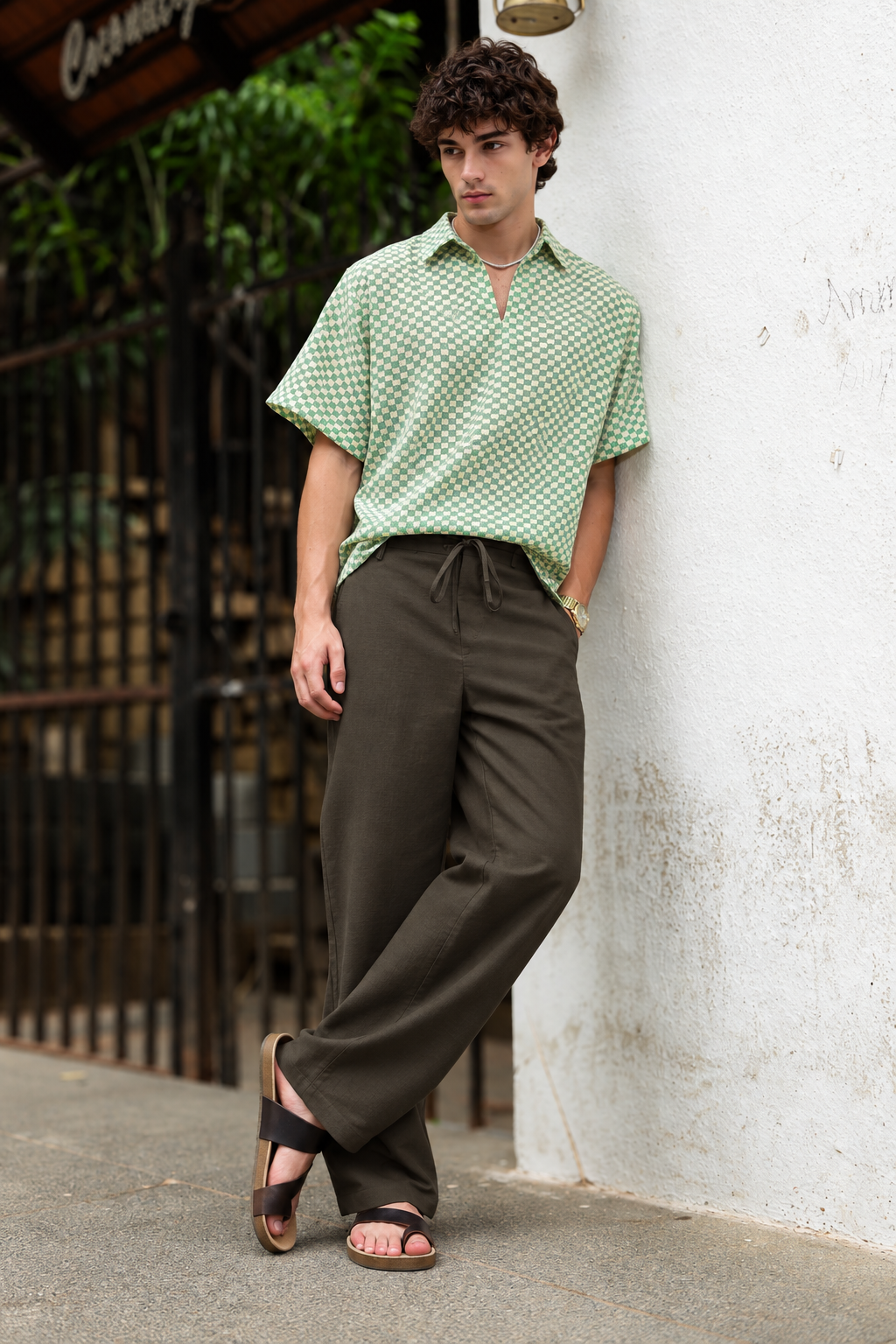 Linen : Dark Olive Relaxed Fit Trousers
