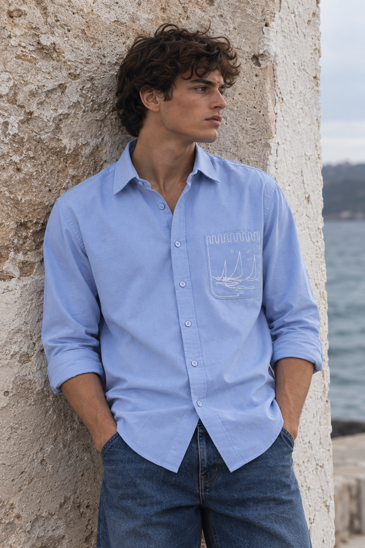Pocket Yacht Embroidery : Linen Blue Shirt