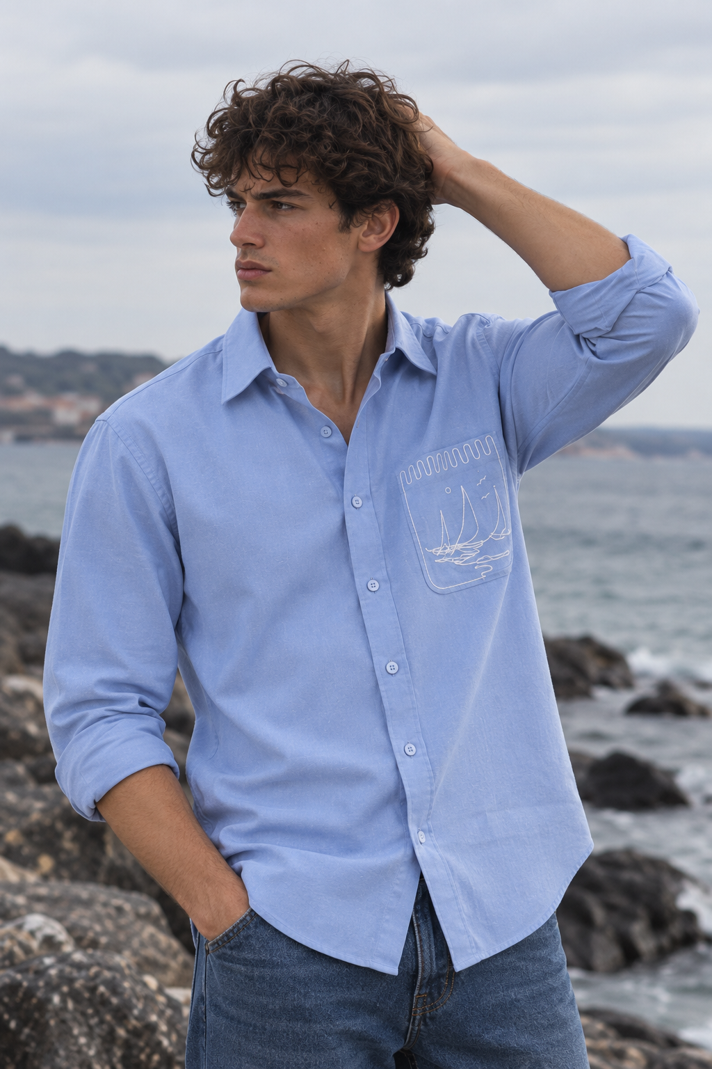 Pocket Yacht Embroidery : Linen Blue Shirt