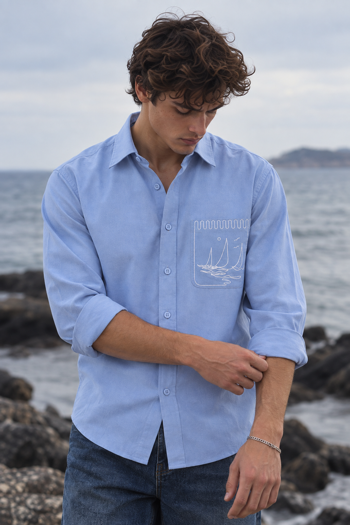 Pocket Yacht Embroidery : Linen Blue Shirt