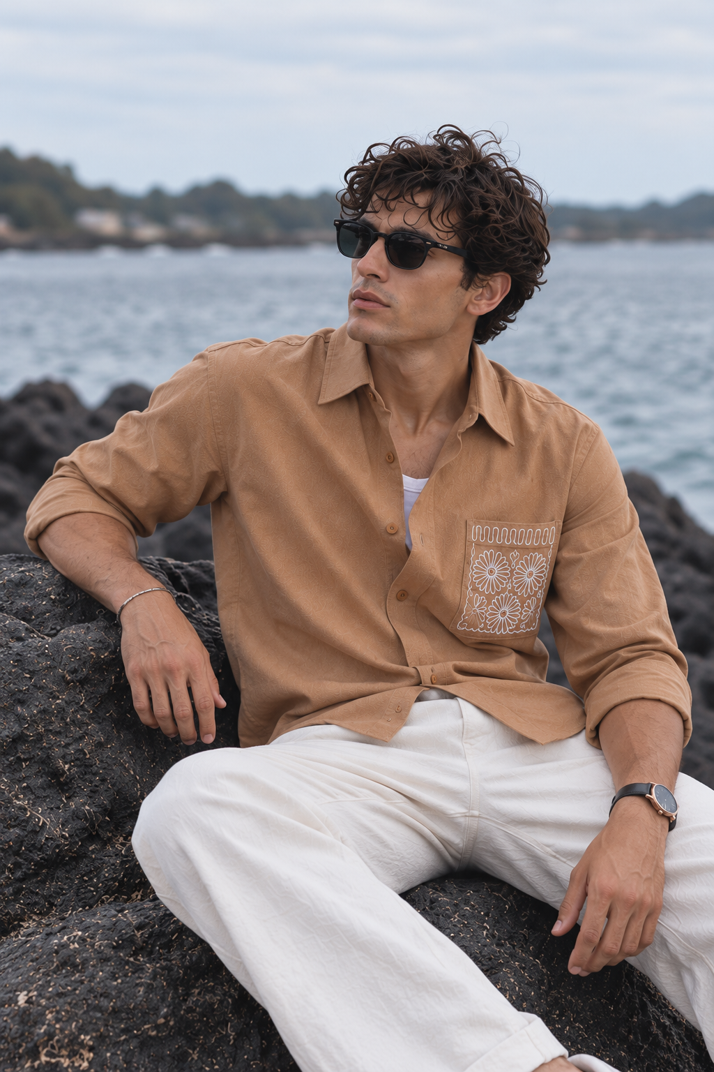 Pocket Floral Embroidery : Linen Brown Shirt
