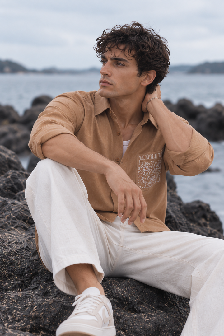 Pocket Floral Embroidery : Linen Brown Shirt