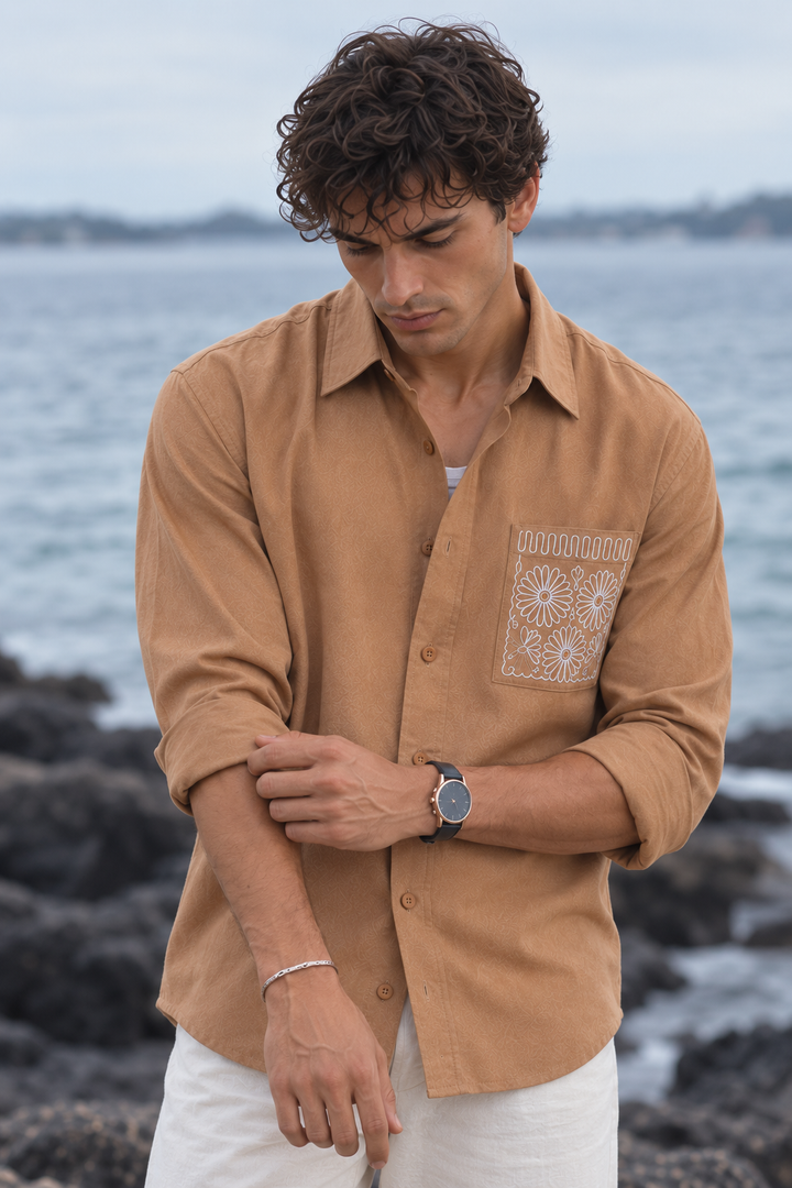 Pocket Floral Embroidery : Linen Brown Shirt