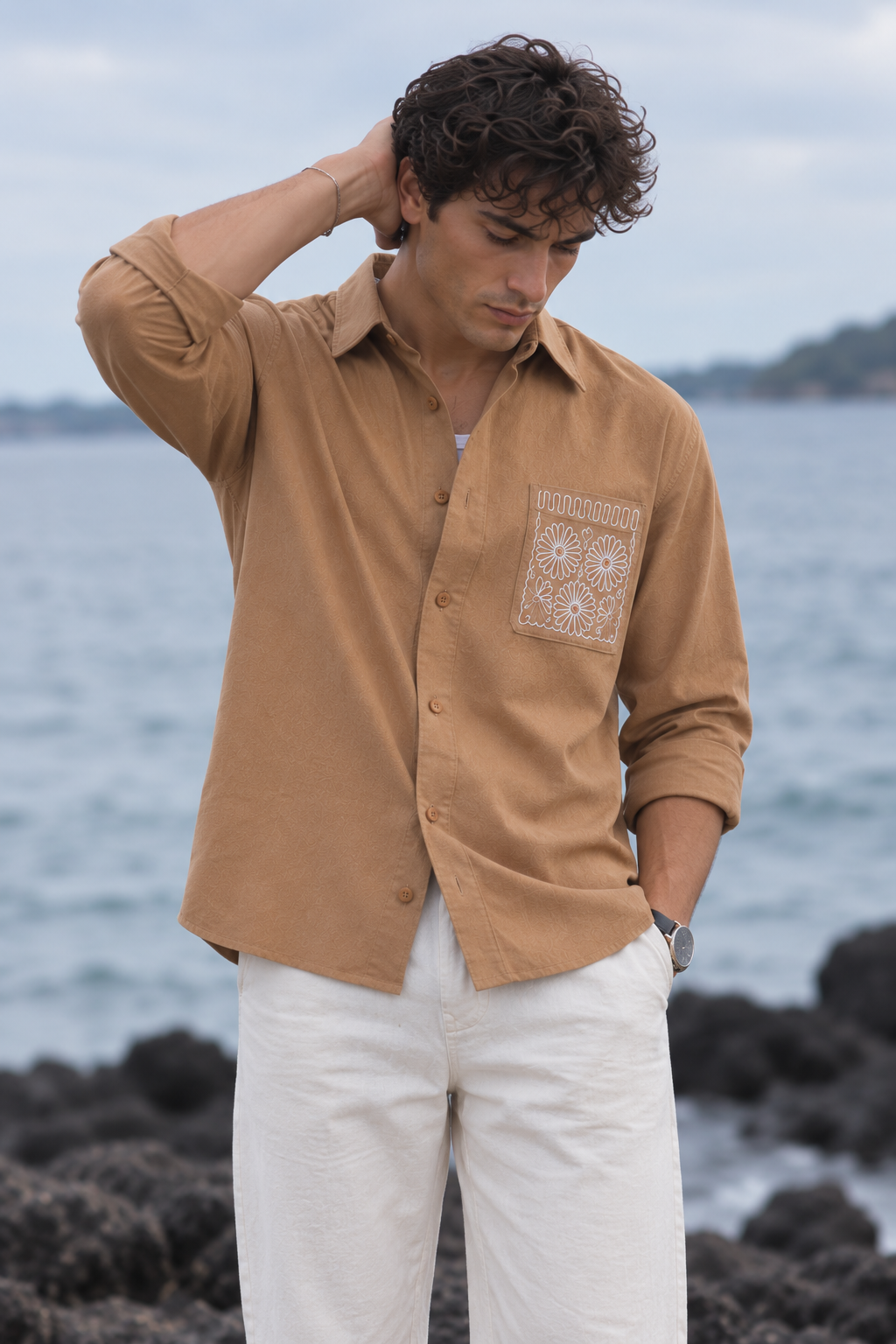 Pocket Floral Embroidery : Linen Brown Shirt