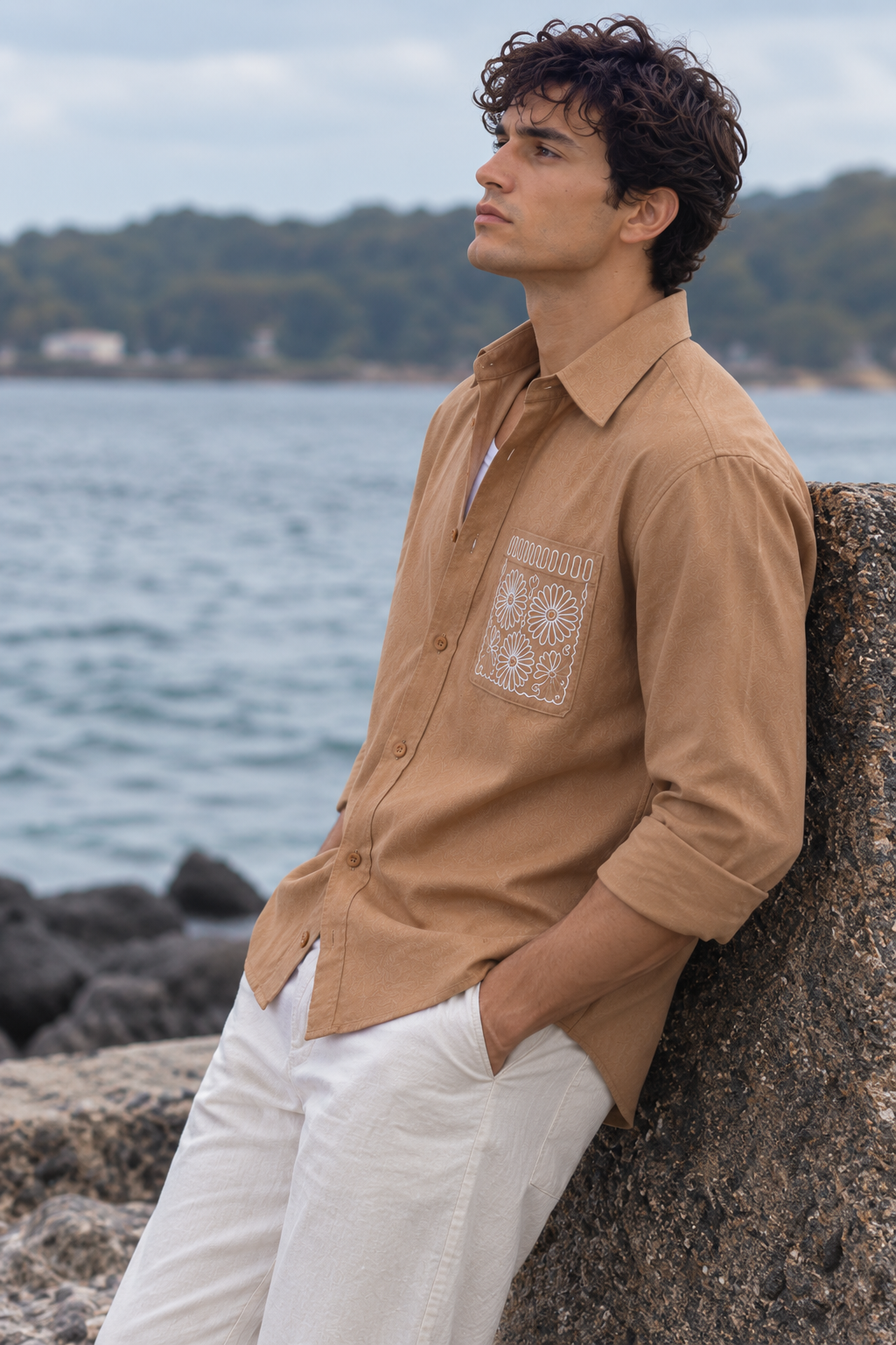 Pocket Floral Embroidery : Linen Brown Shirt