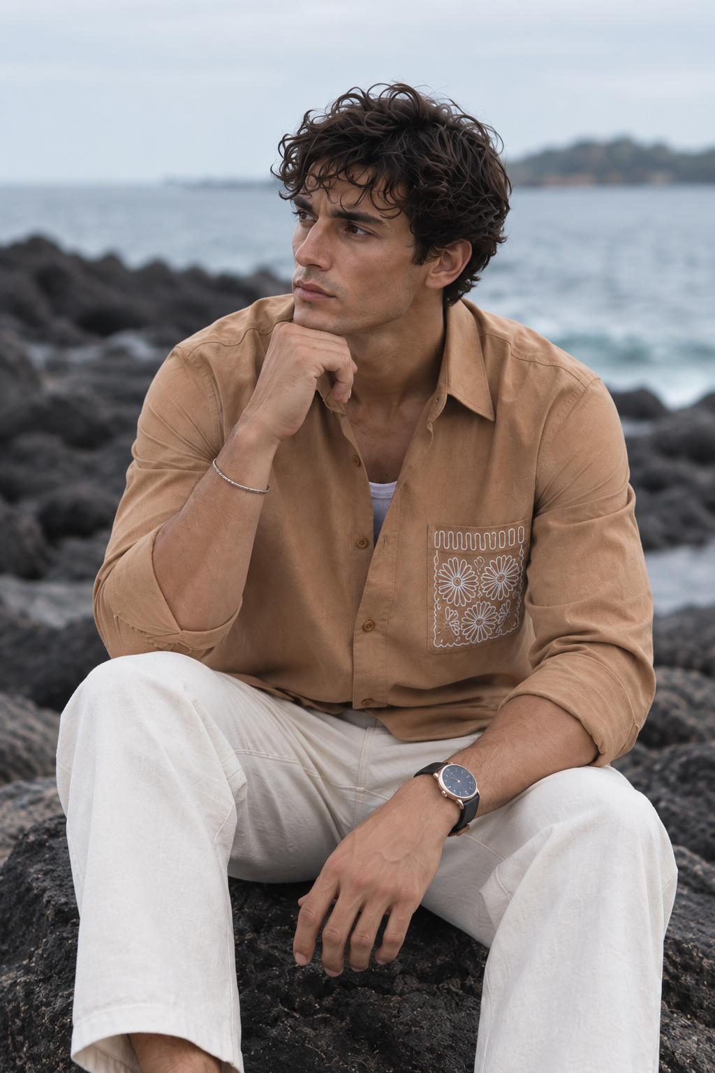 Pocket Floral Embroidery : Linen Brown Shirt