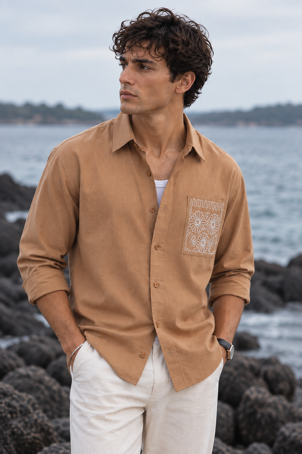 Pocket Floral Embroidery : Linen Brown Shirt