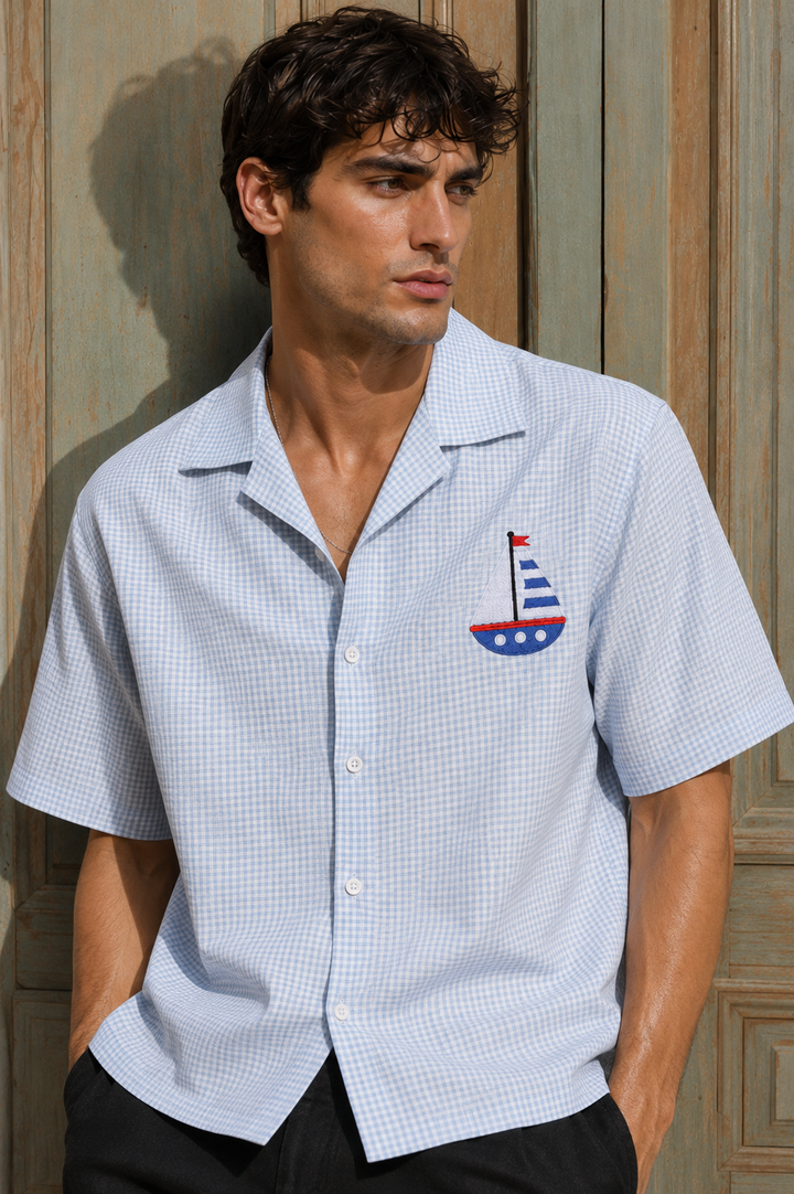 Plaid : Light Blue Yacht Embroidery Shirt