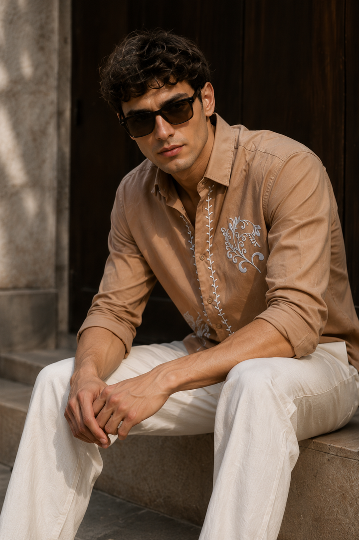 Hidden Treasure Brown Embroidery Linen Shirt