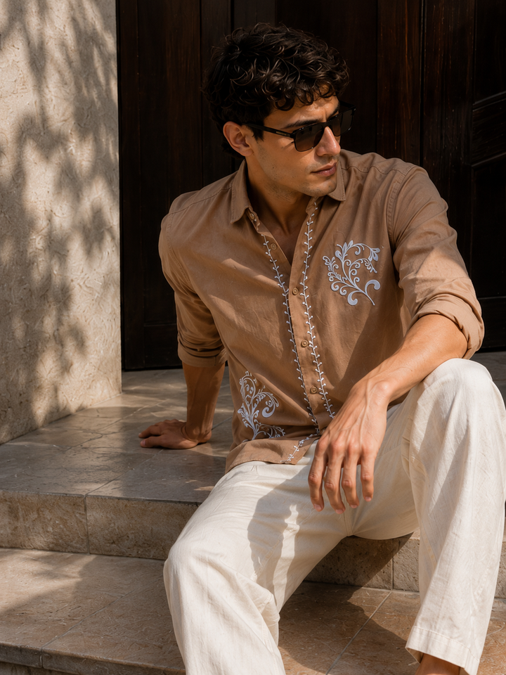 Hidden Treasure Brown Embroidery Linen Shirt