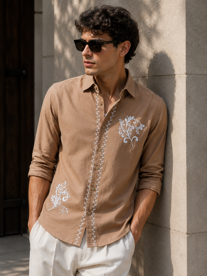 Hidden Treasure Brown Embroidery Linen Shirt