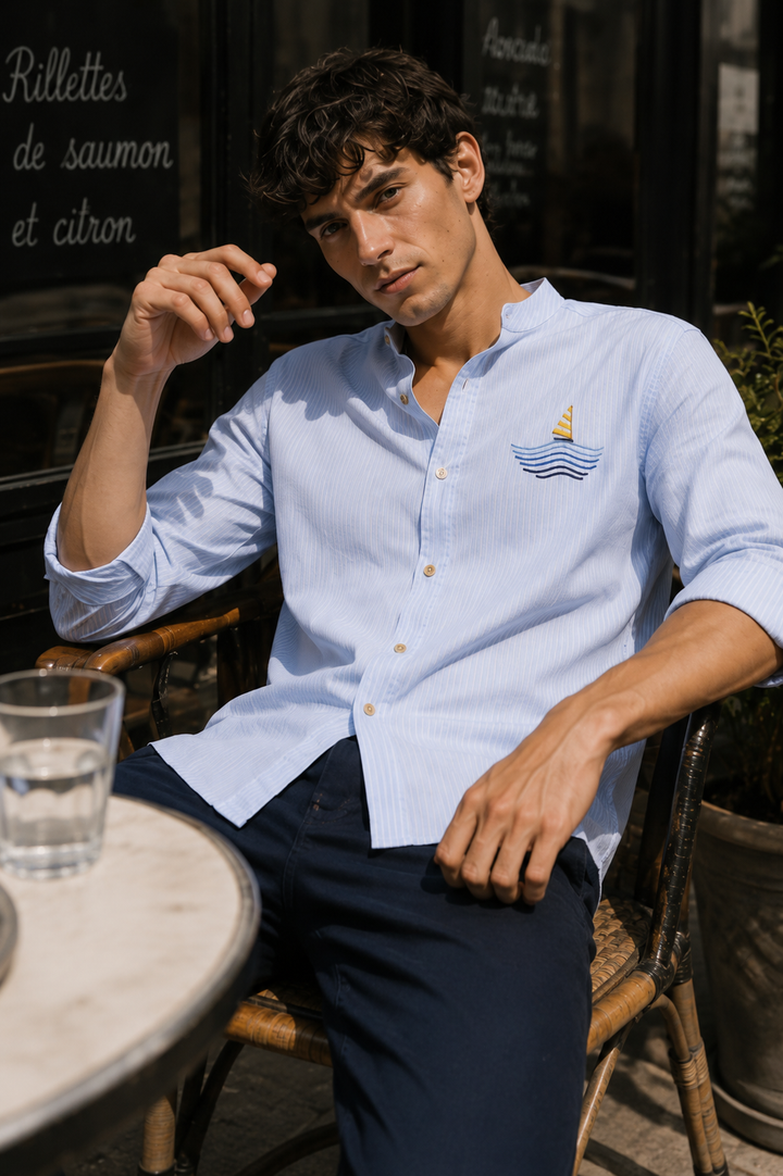 Nautical: Light bLue Stripes Embroidery Shirt