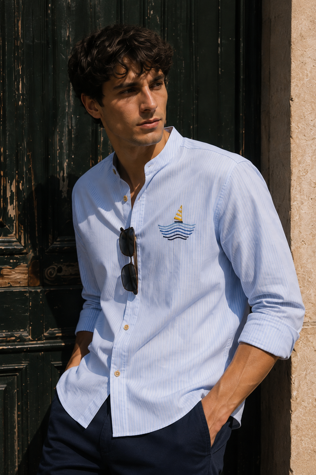 Nautical: Light bLue Stripes Embroidery Shirt
