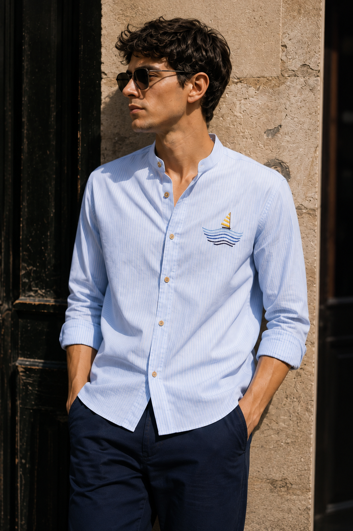Nautical: Light bLue Stripes Embroidery Shirt