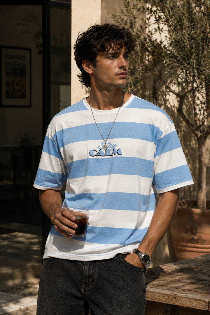 Stay Calm: Blue Stripes Oversized T-shirt