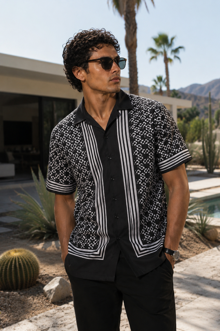 Square Print Black Cotton Cuban Shirt