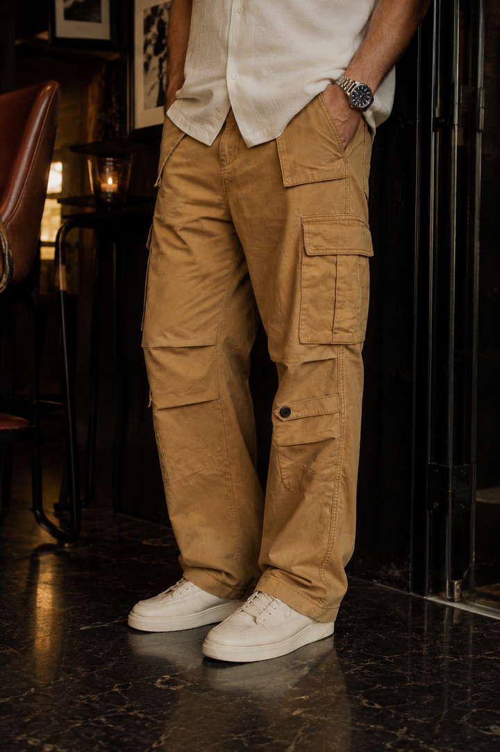 Canvas: Beige Baggy Stylish Cargo Pants