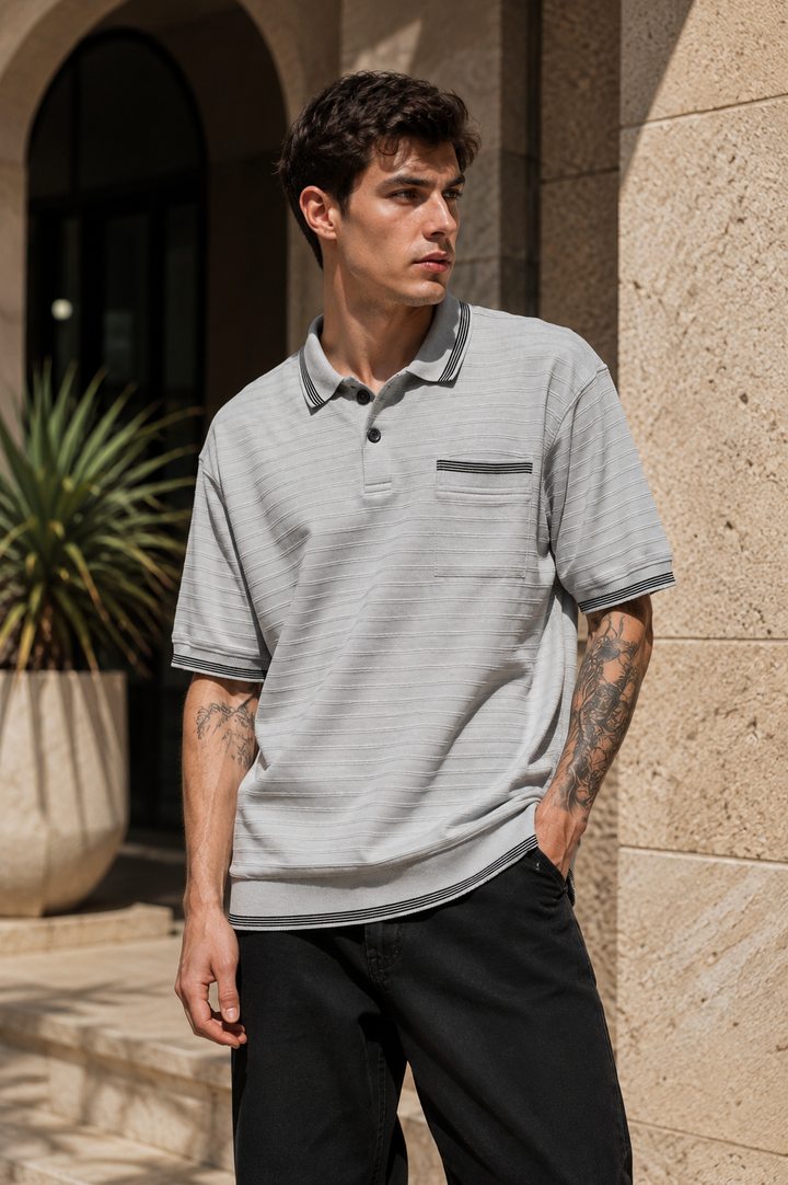 Textured Fabric Grey Oversized Polo Shirt
