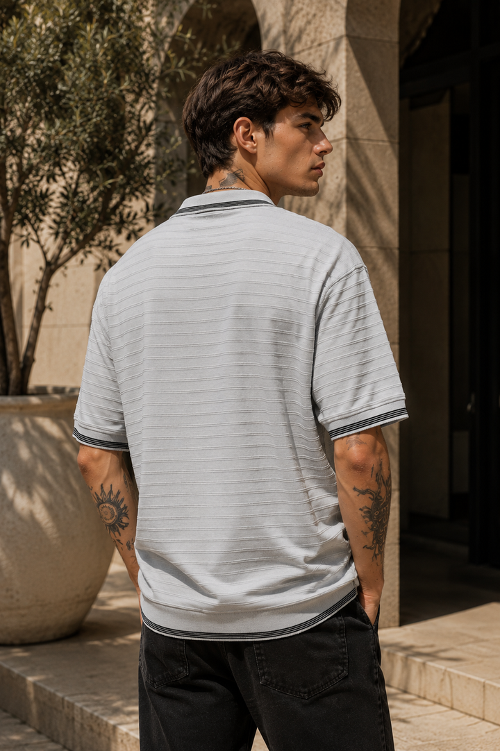 Textured Fabric Grey Oversized Polo Shirt
