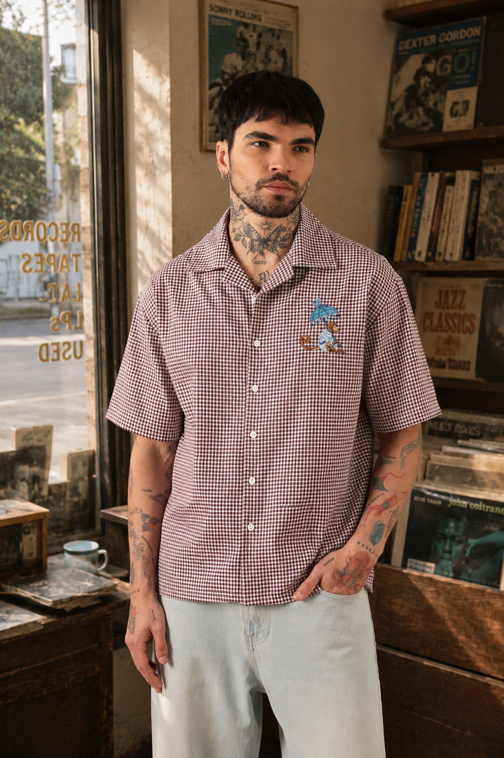 Plaid : Monkey Embroidery Shirt