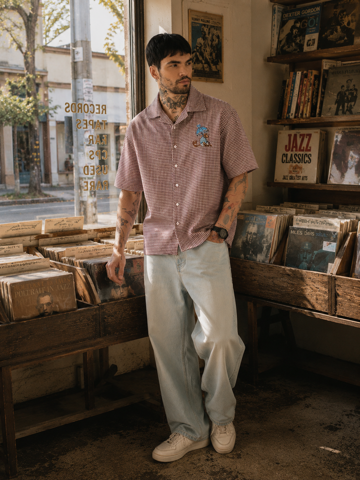 Plaid : Monkey Embroidery Shirt