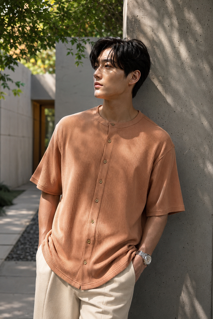 Mandarain Collar : Knitted Brown shirt