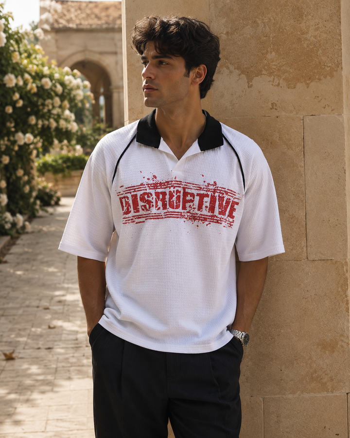Disruptive Textured Fabric white Oversized polo