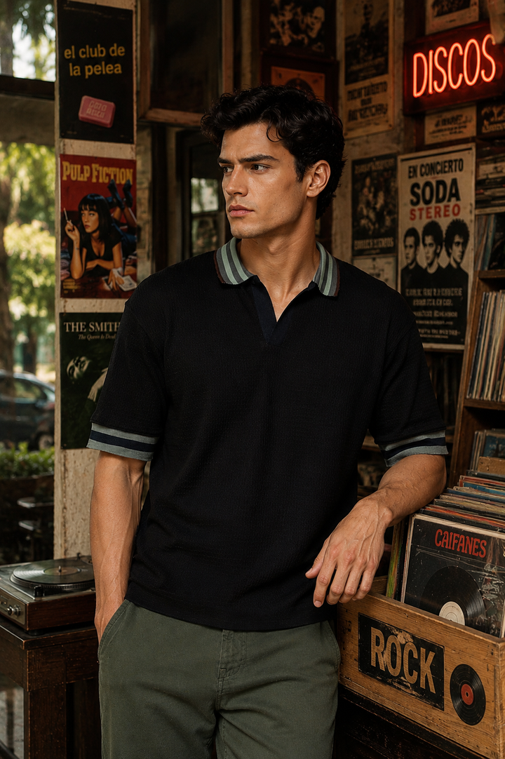 Textured Fabric Black Oversized Polo shirt