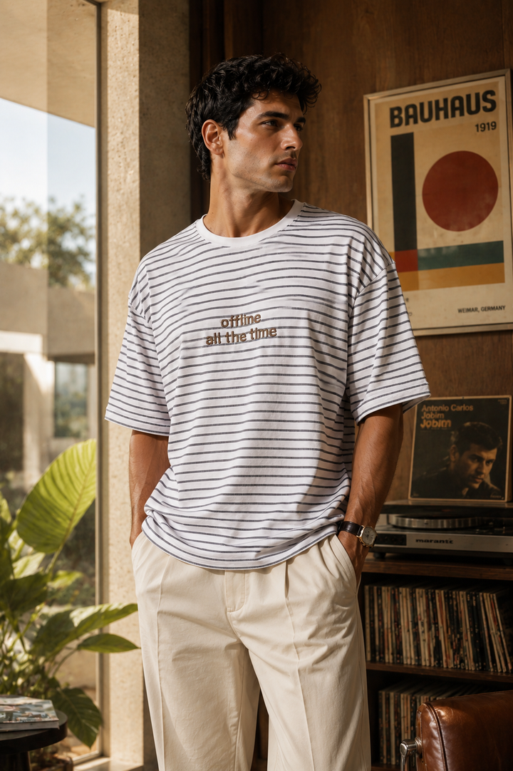 Offline: White Stripes Embroidery Oversized T-shirt
