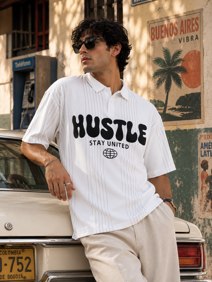 Hustle: White Oversized Polo T-shirt