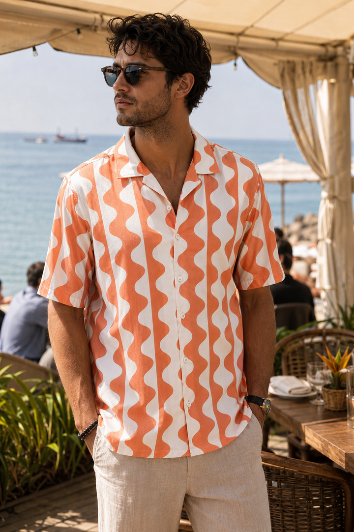Wavy Apricot Stripes Cuban Shirt