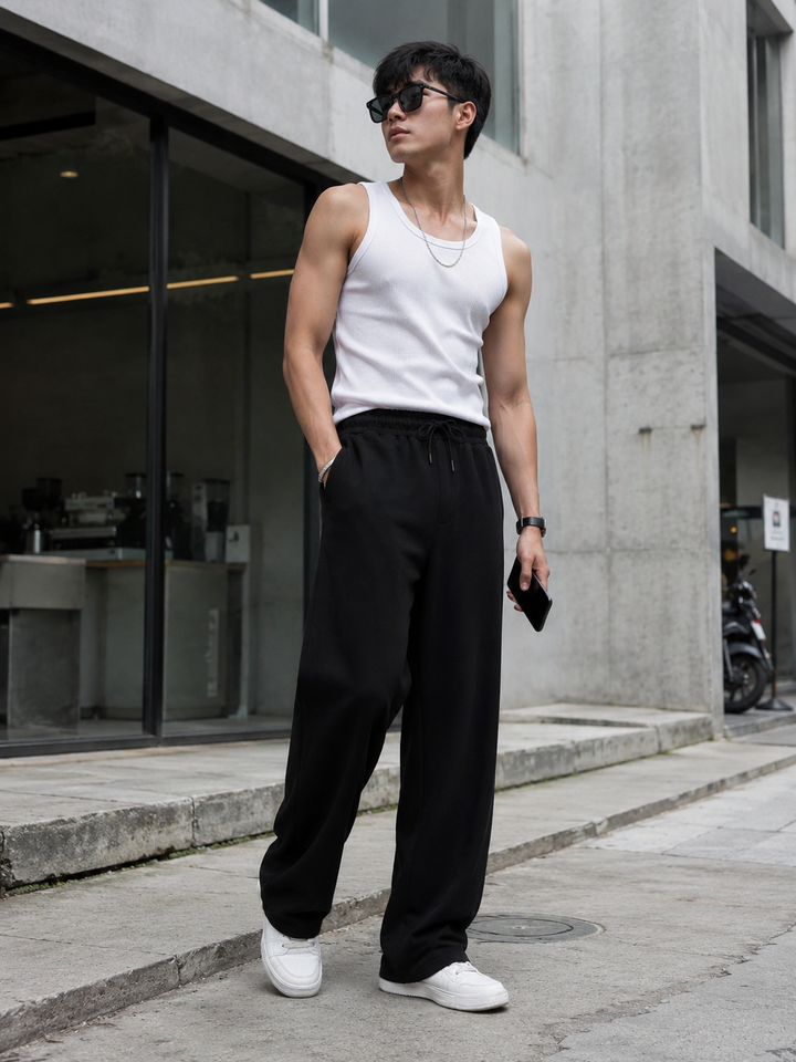 Korean Fit: Black Solid Joggers
