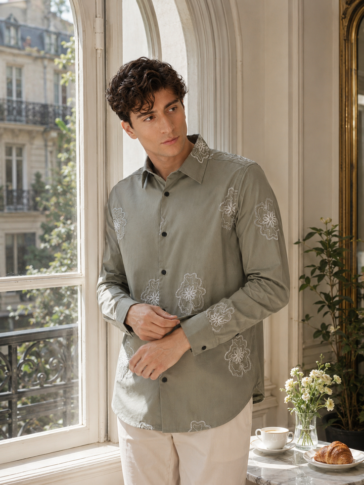 Green flower Embroidery Shirt