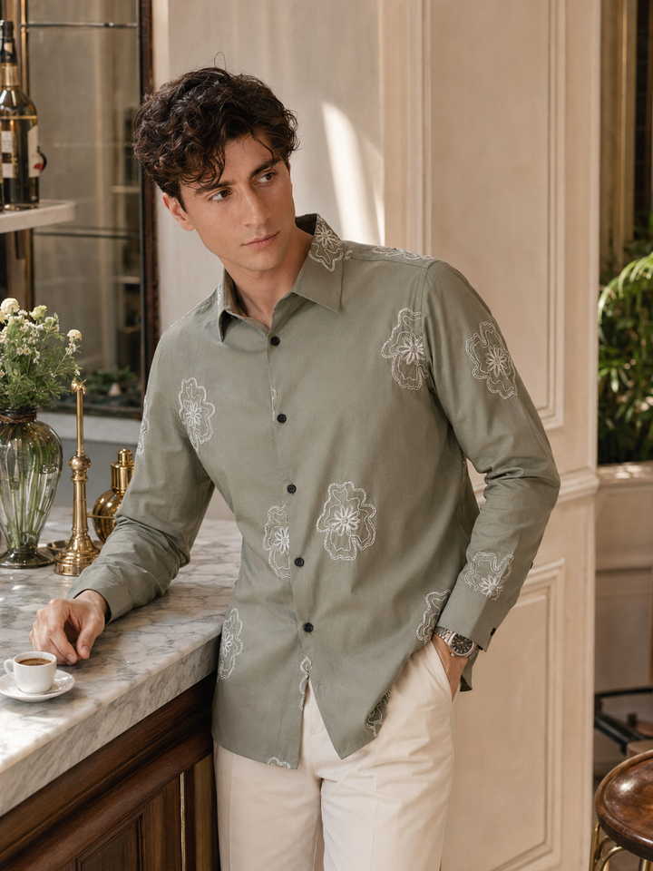 Green flower Embroidery Shirt