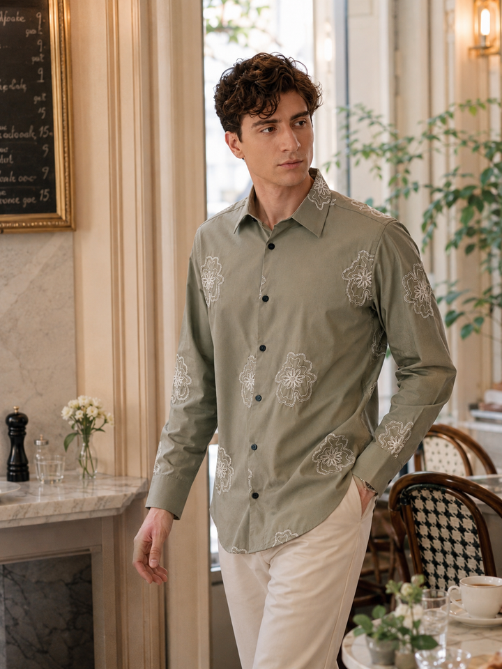 Green flower Embroidery Shirt