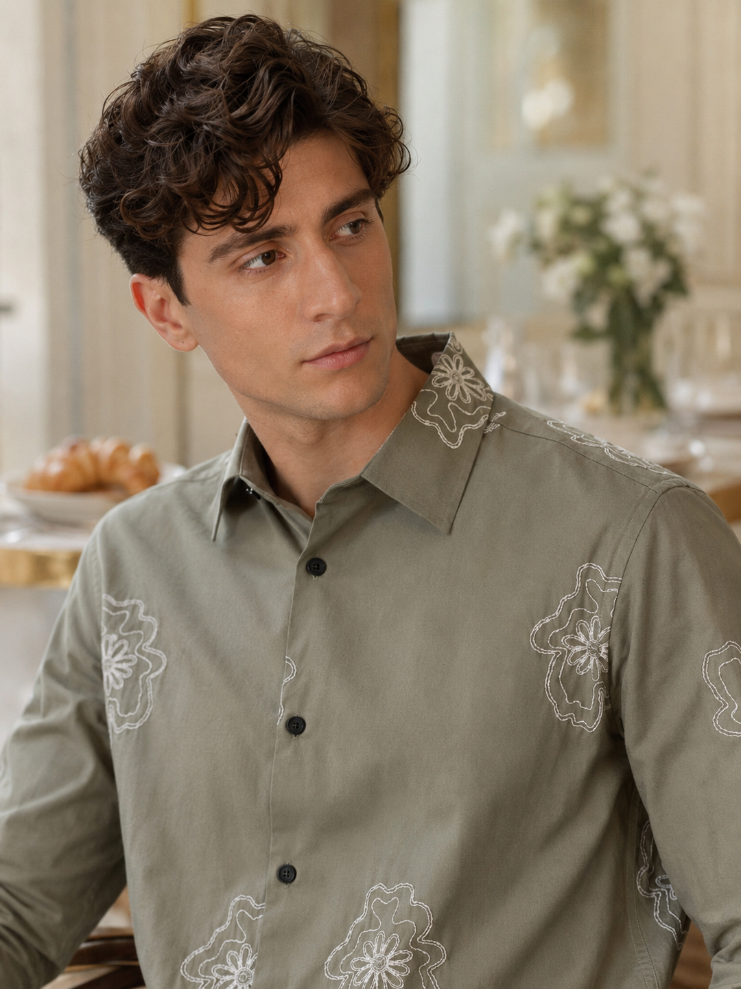 Green flower Embroidery Shirt