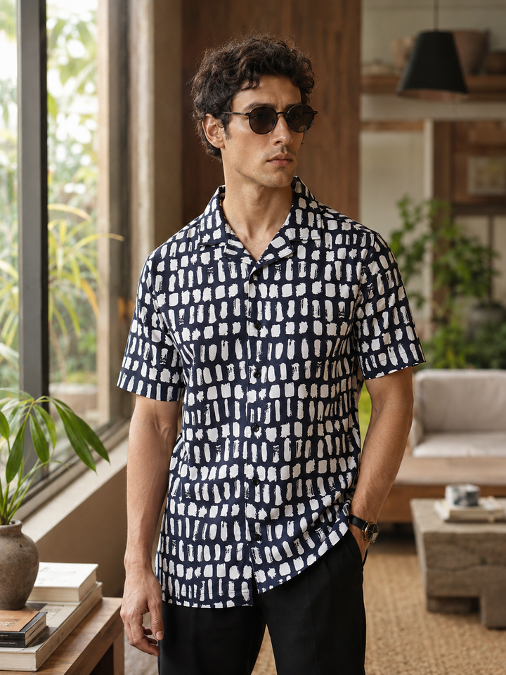Navy Polka Print Cuban Shirt
