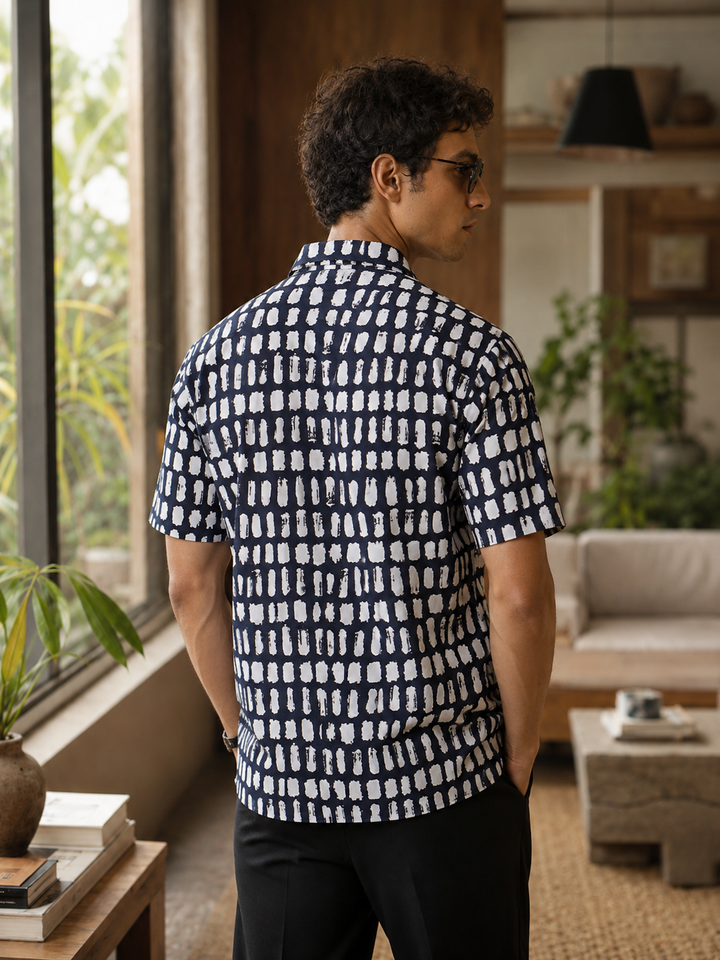 Navy Polka Print Cuban Shirt